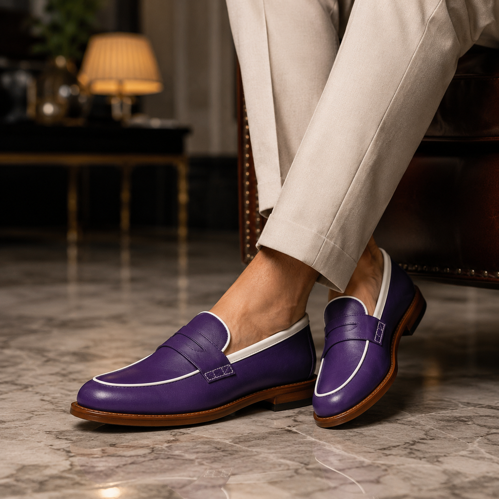 Man wearing Marvel Signature Royal Amethyst purple leather loafers with cream trousers