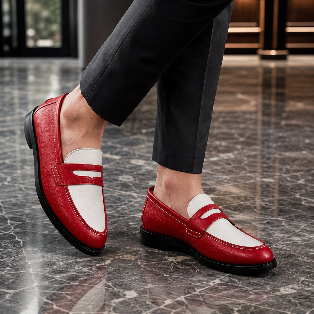 Men wearing Marvel Signature Scarlet Ivory red and ivory leather loafers in a luxury setting