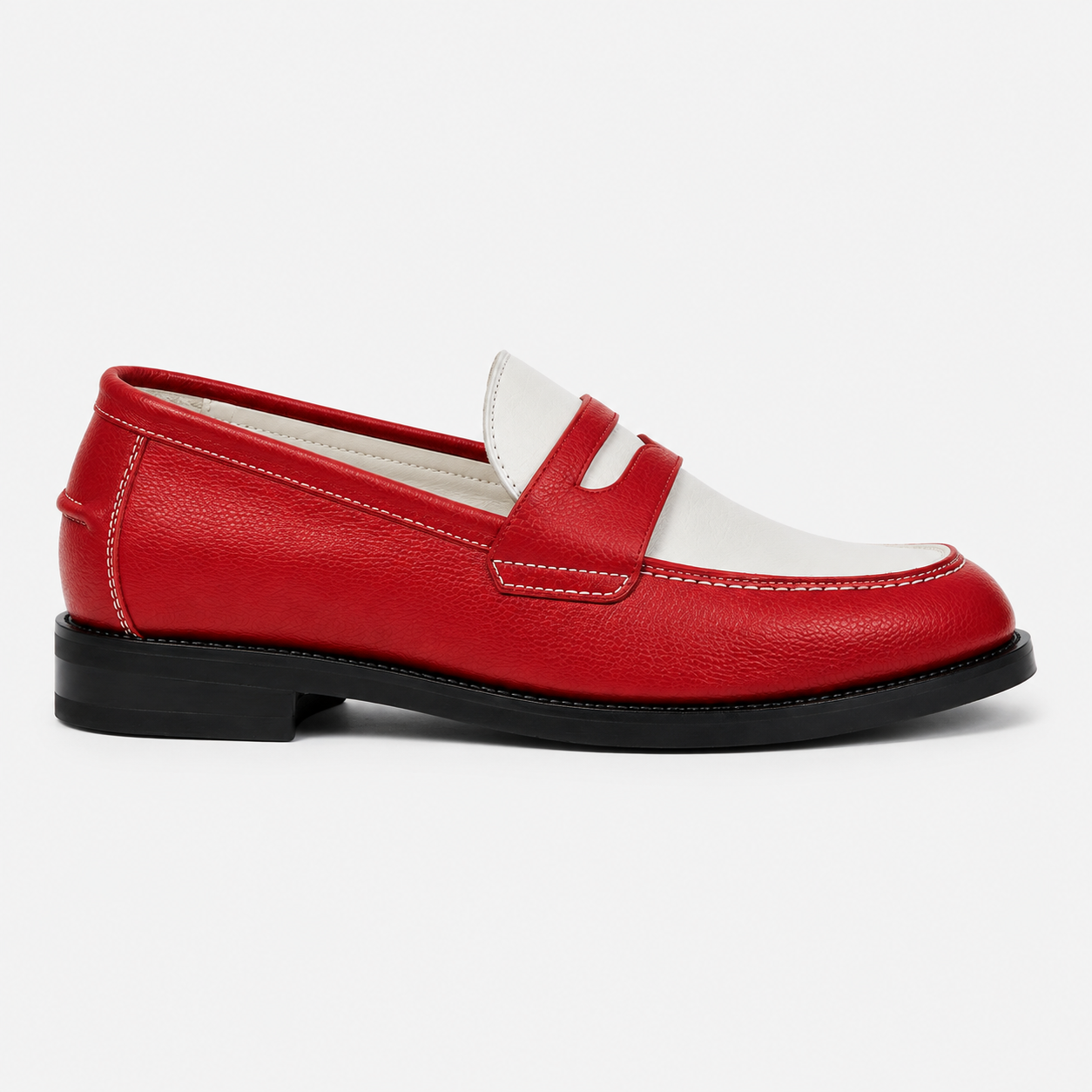 Side view of Marvel Signature Scarlet Ivory red and ivory leather loafers