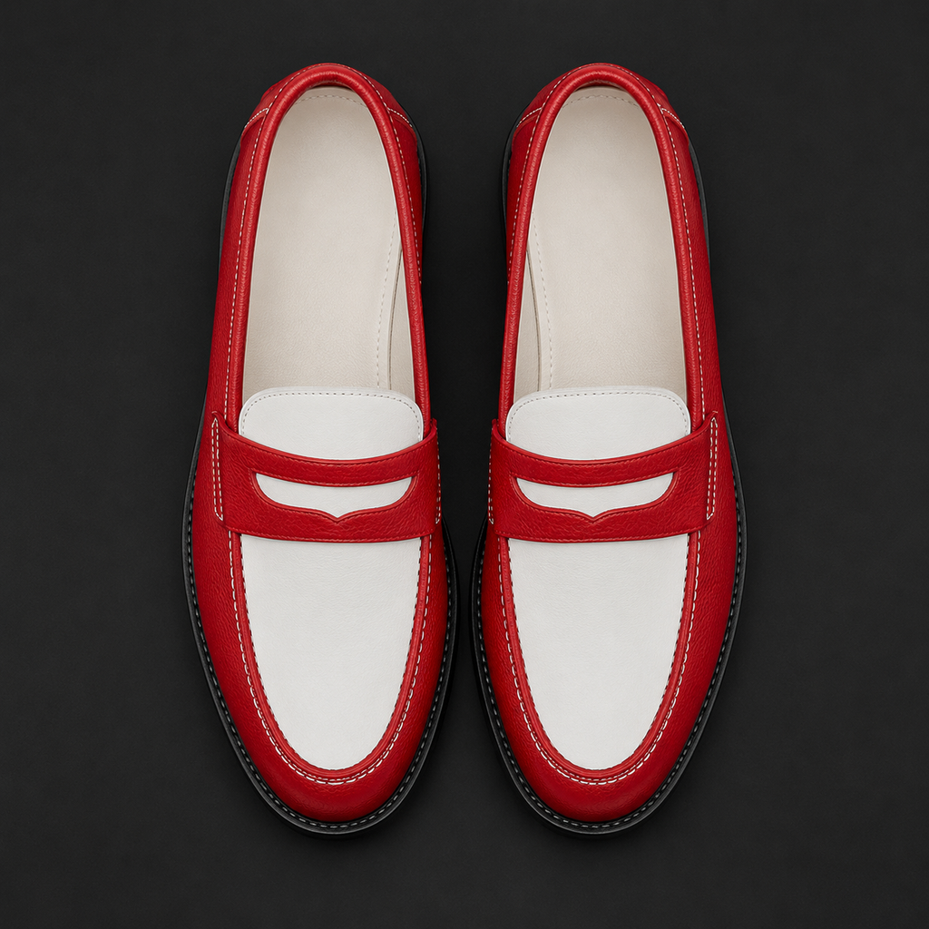 Top view of Marvel Signature Scarlet Ivory red and ivory leather loafers