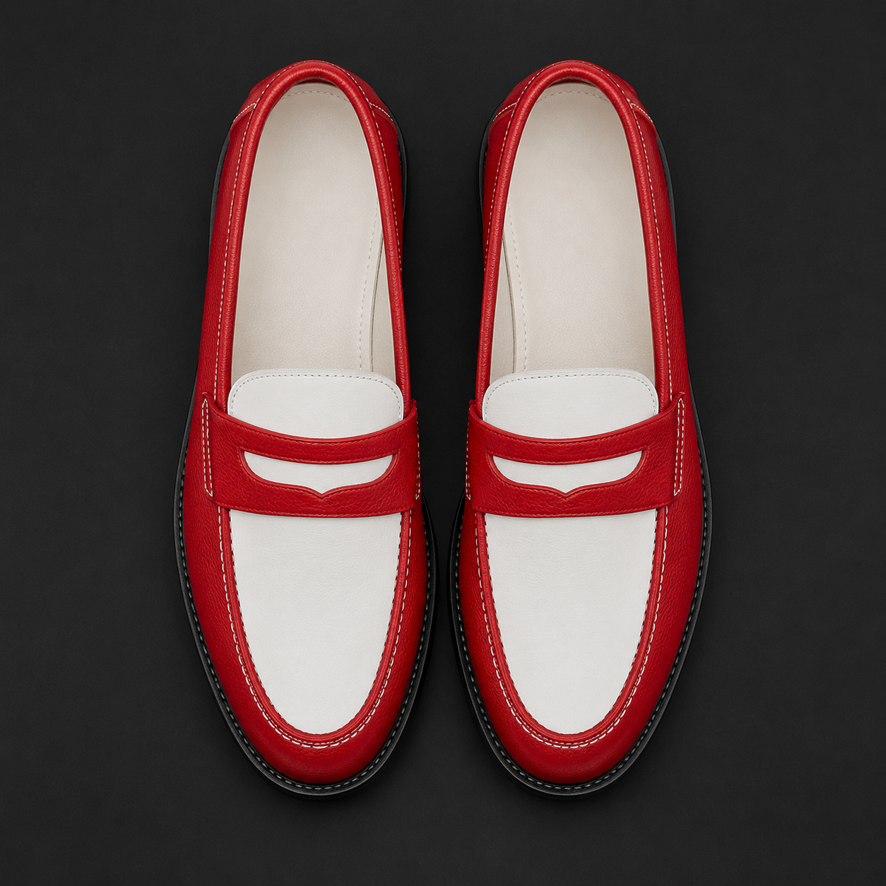 Top view of Marvel Signature Scarlet Ivory red and ivory leather loafers