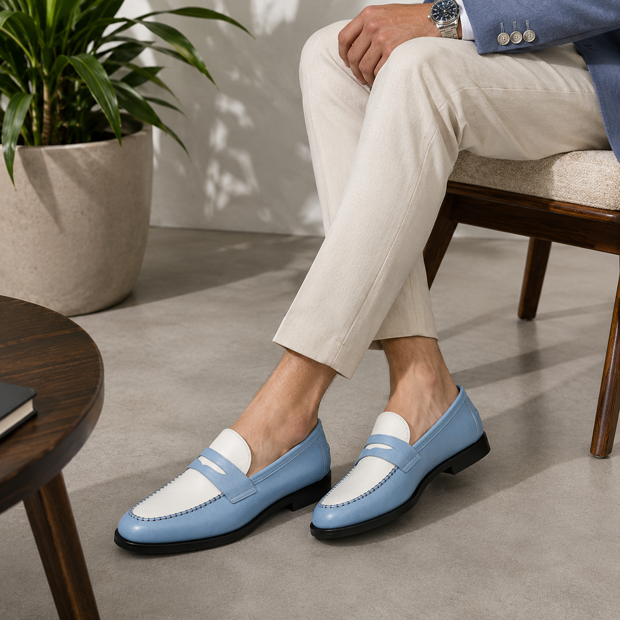Marvel Signature Sky Blue & White Leather Penny Loafers Lifestyle