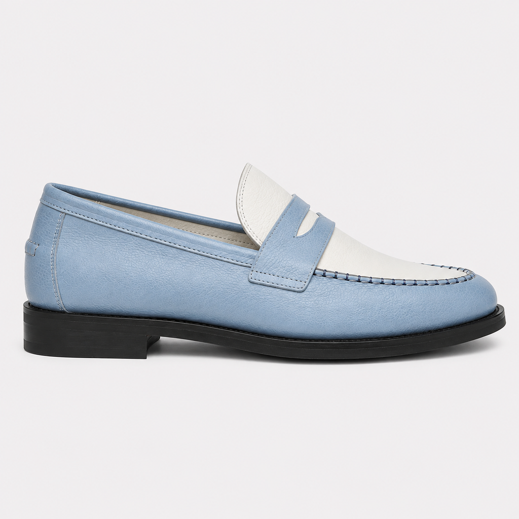Side View Sky Blue & White Leather Penny Loafers