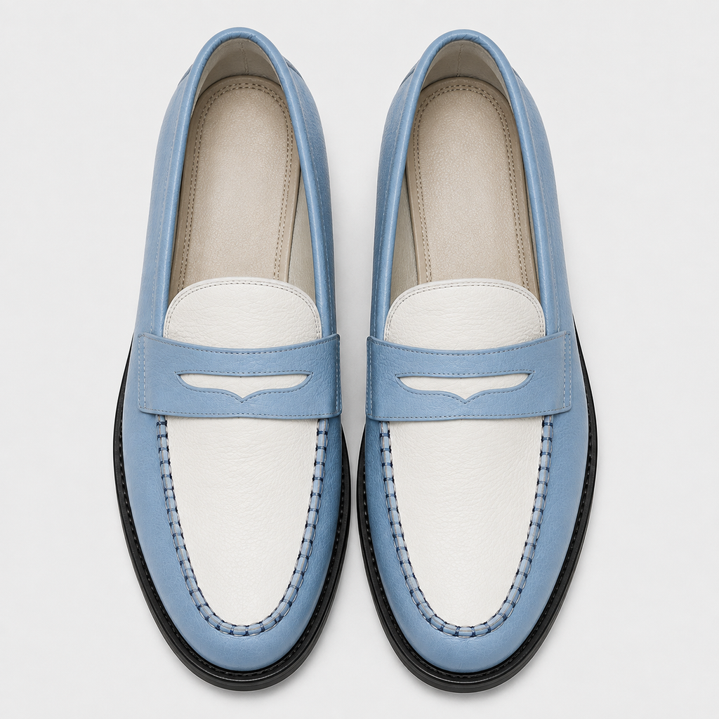 Top View Marvel Signature Sky Blue & White Leather Penny Loafers