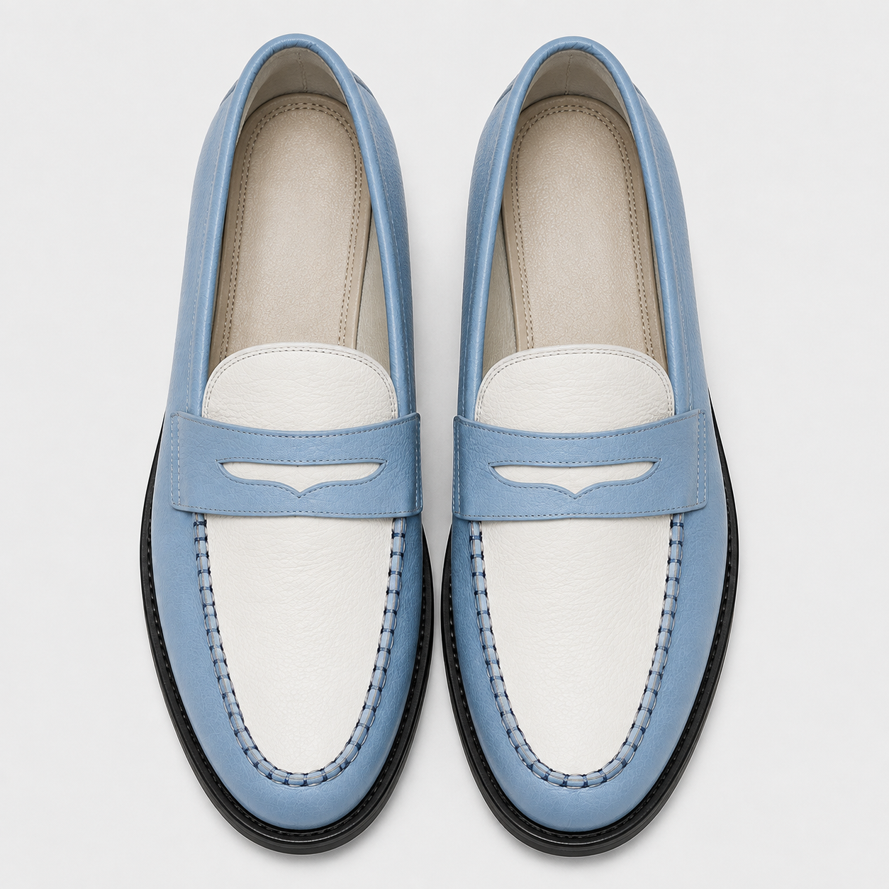 Top View Marvel Signature Sky Blue & White Leather Penny Loafers