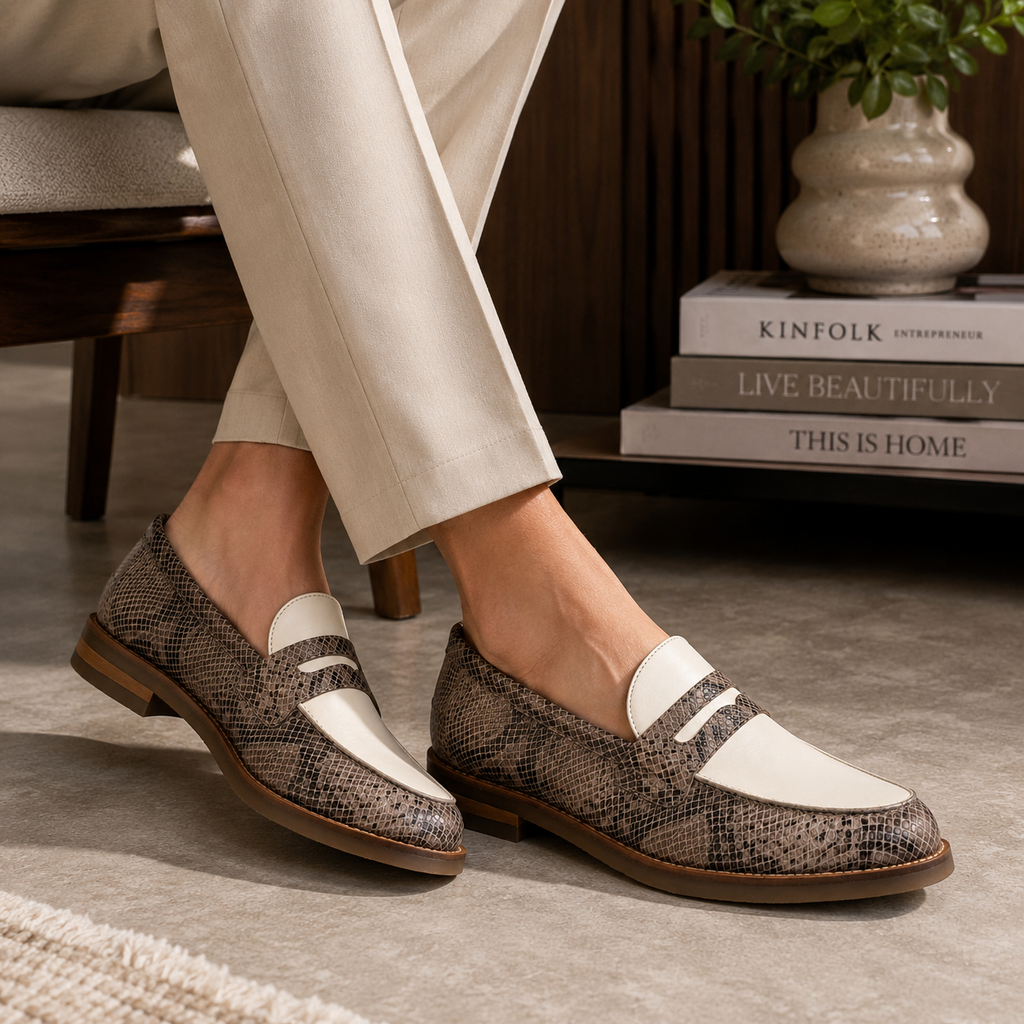 Marvel Signature Taupe & White Penny Loafers lifestyle