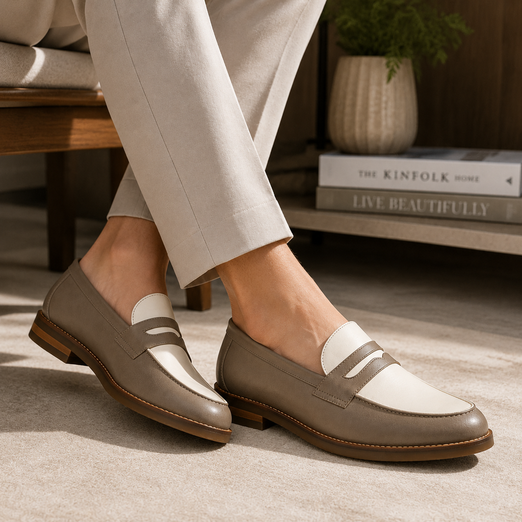 Marvel Signature Taupe & White Penny Loafers lifestyle