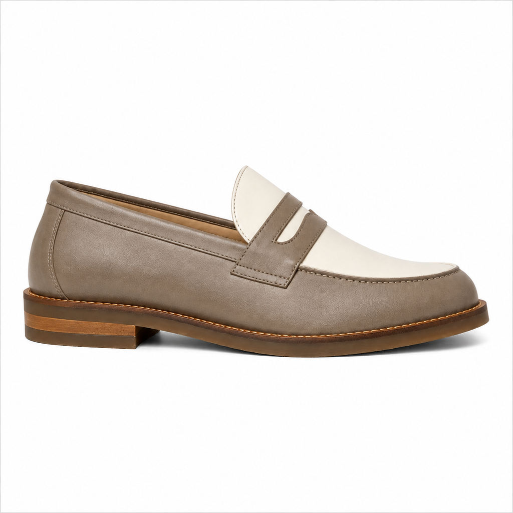 Marvel Signature Taupe & White Penny Loafers side view