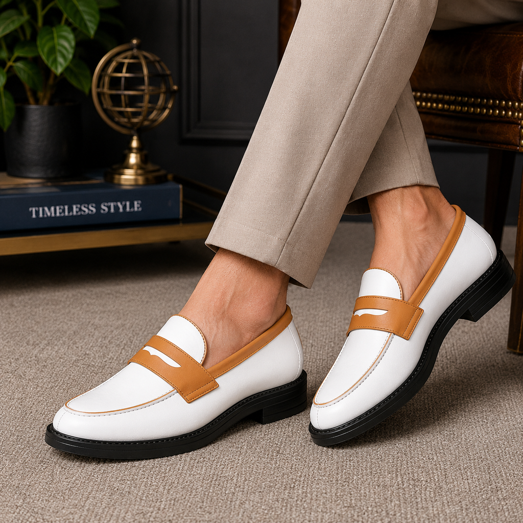 Marvel Signature White & Tan Penny Loafers lifestyle