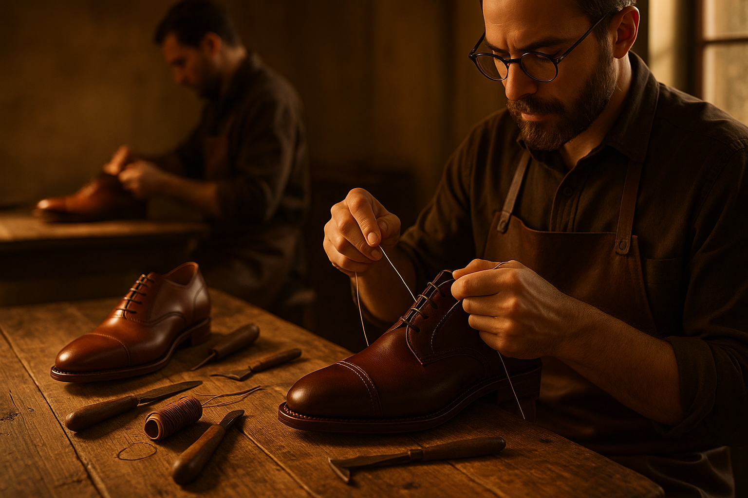 Marvel Leather artisan handcrafting premium leather shoes in a workshop