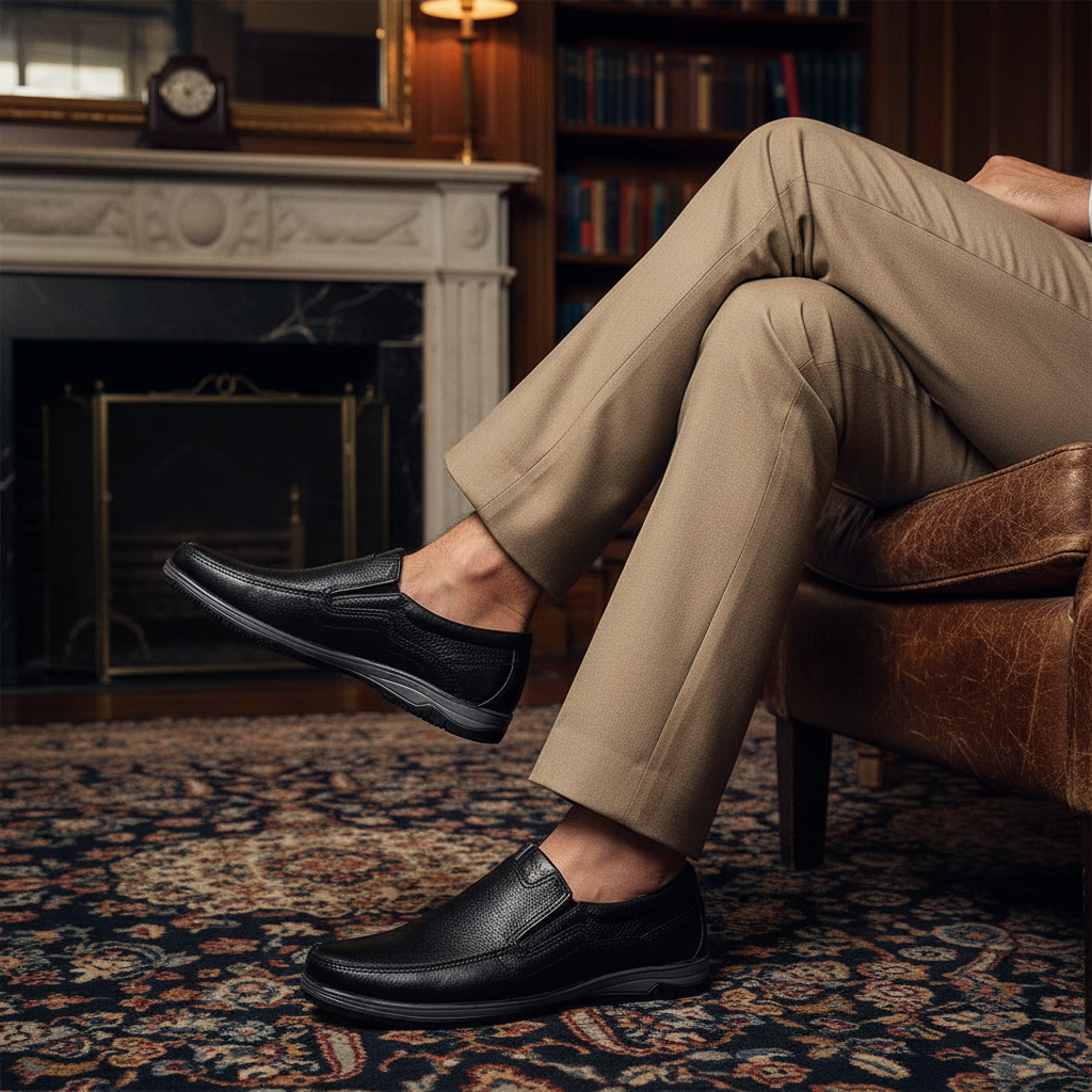 Luxury handmade comfort fit leather loafers styled with tailored trousers in an old money setting