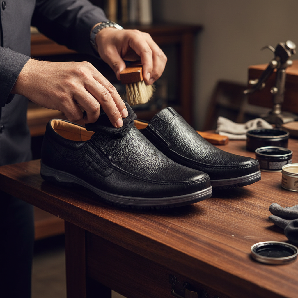 Skilled artisan applying premium wax and hand polishing to luxury comfort fit leather loafers