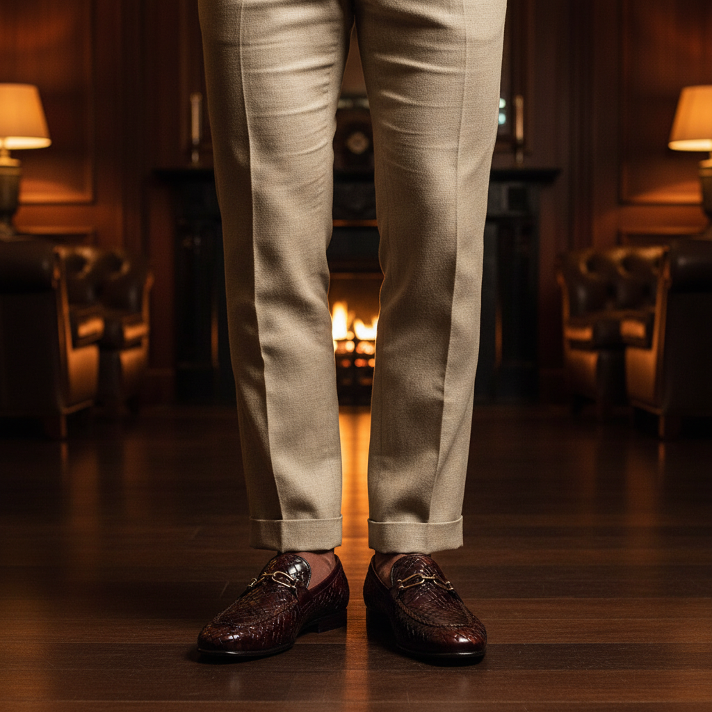 Luxury handmade woven horsebit leather loafers styled with tailored trousers in an old money setting