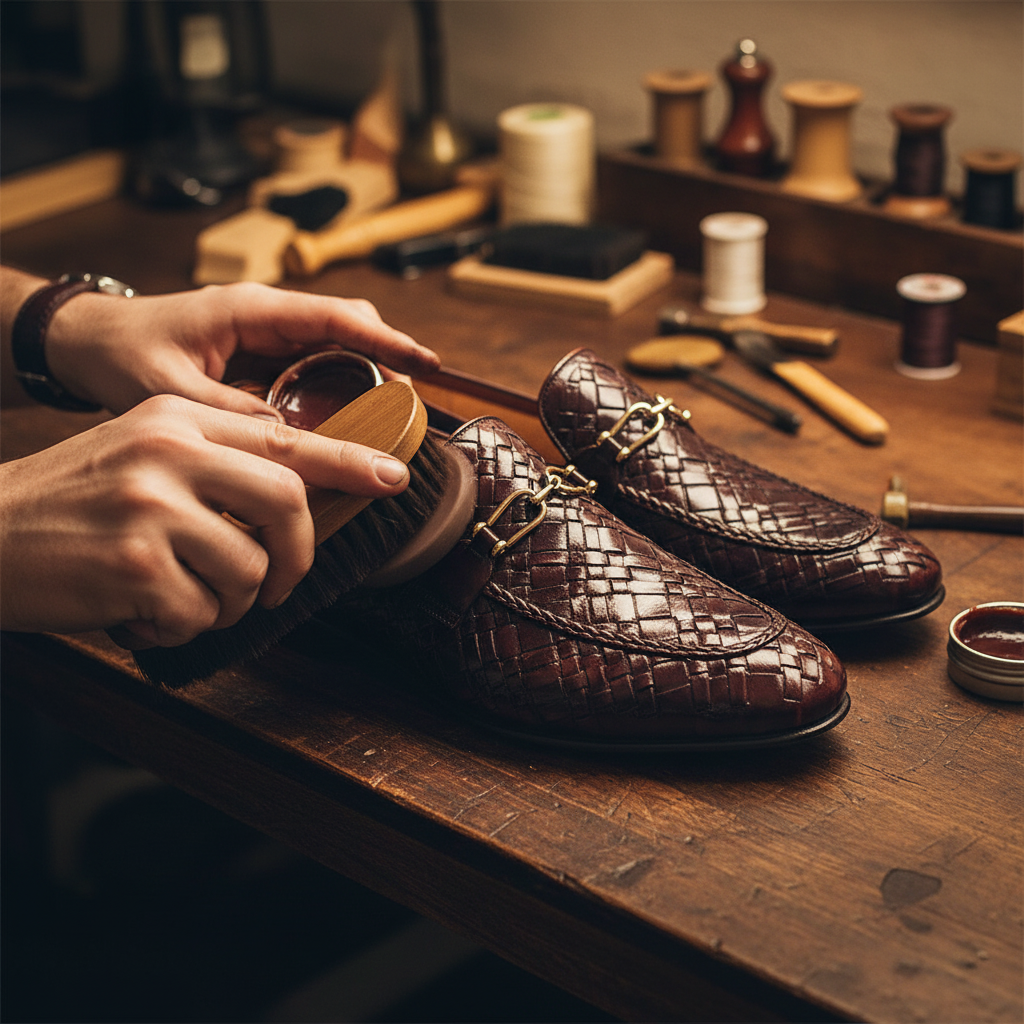 Skilled artisan applying premium wax and hand polishing to luxury woven horsebit leather loafers