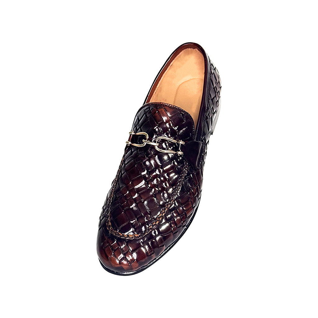 Matias glossy brown woven loafer – top view with gold horsebit and side tassel