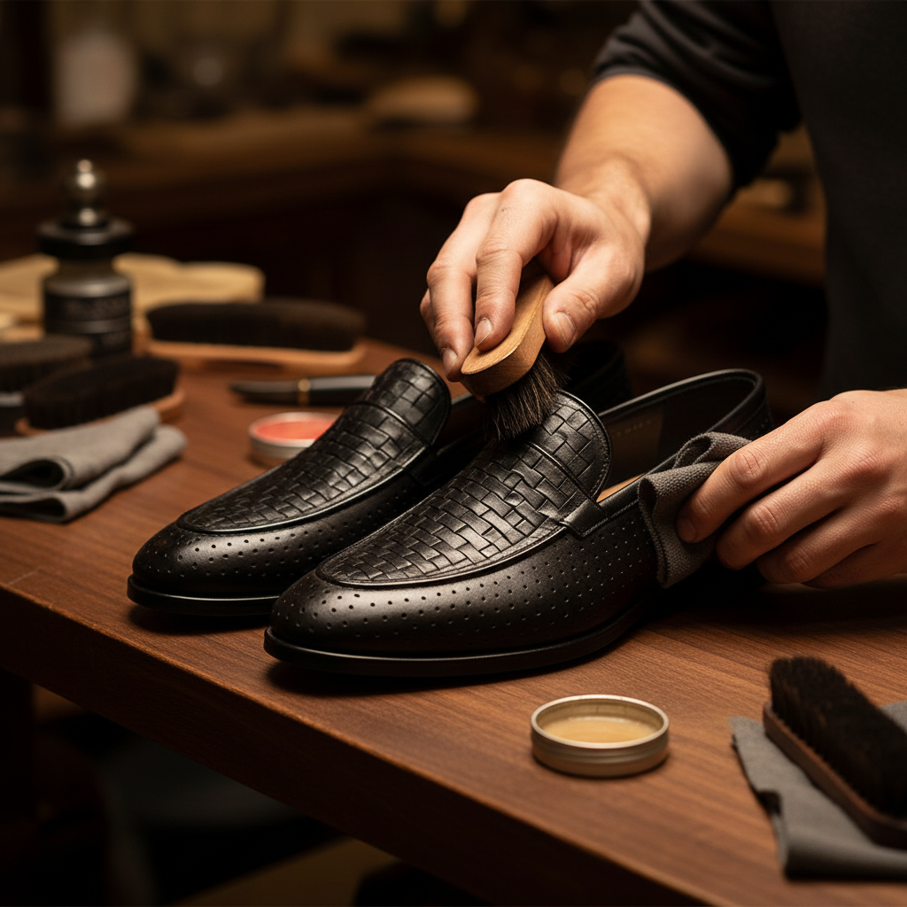 Skilled artisan applying premium wax and hand polishing to luxury woven perforated leather loafers