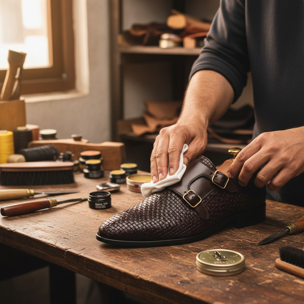 Artisan hand polishing the Matvey Woven Double Monk Strap Shoes with premium wax during the final finishing process at Marvel Leather.
