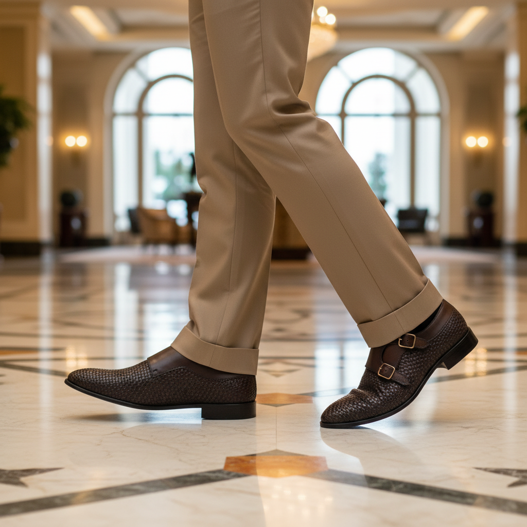 Luxury lifestyle image featuring the Matvey Woven Double Monk Strap Shoes handcrafted by Marvel Leather and worn in an upscale smart-casual setting.