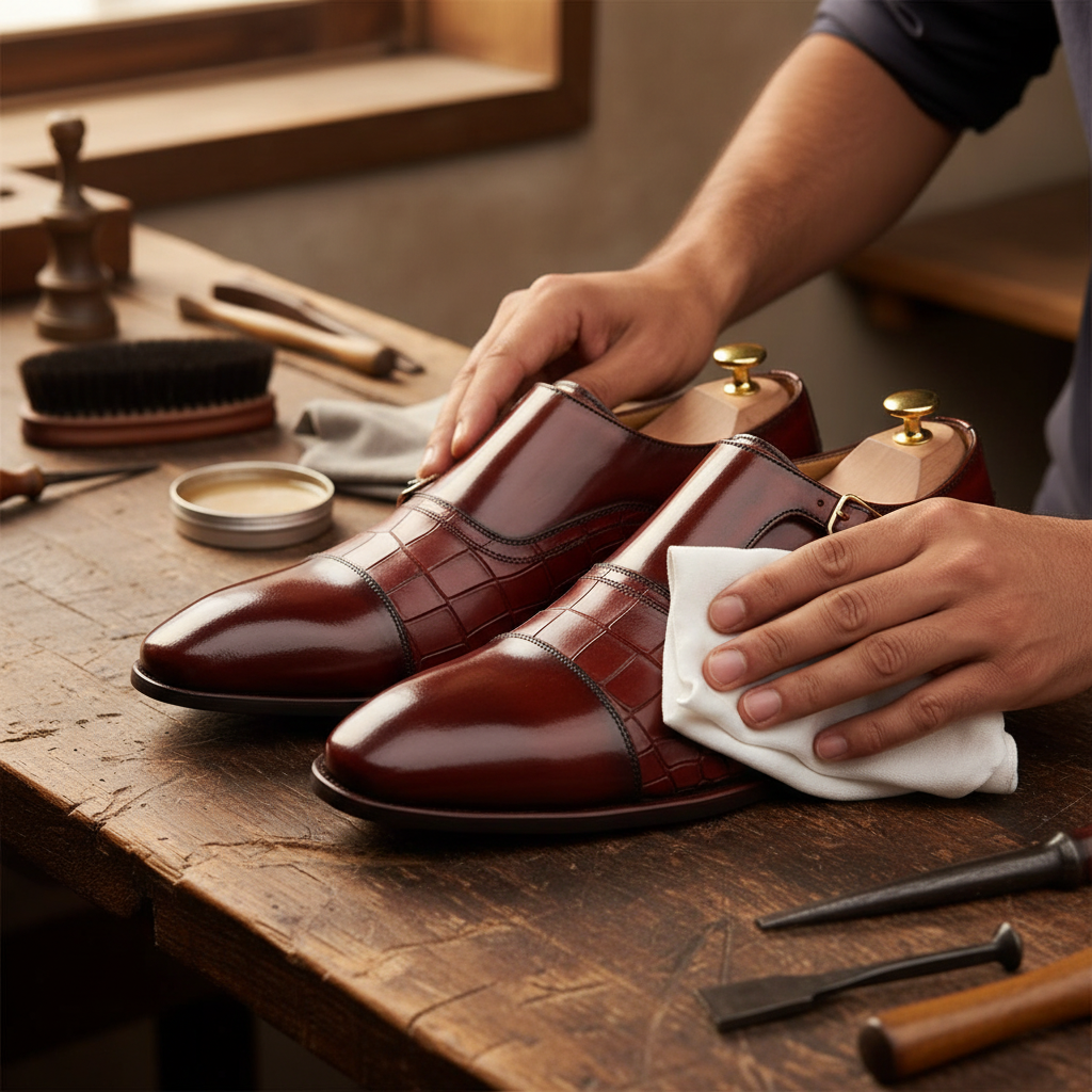 Artisan hand polishing the Maurice Croc-Embossed Double Monk Strap Shoes with premium wax during the final finishing process at Marvel Leather.