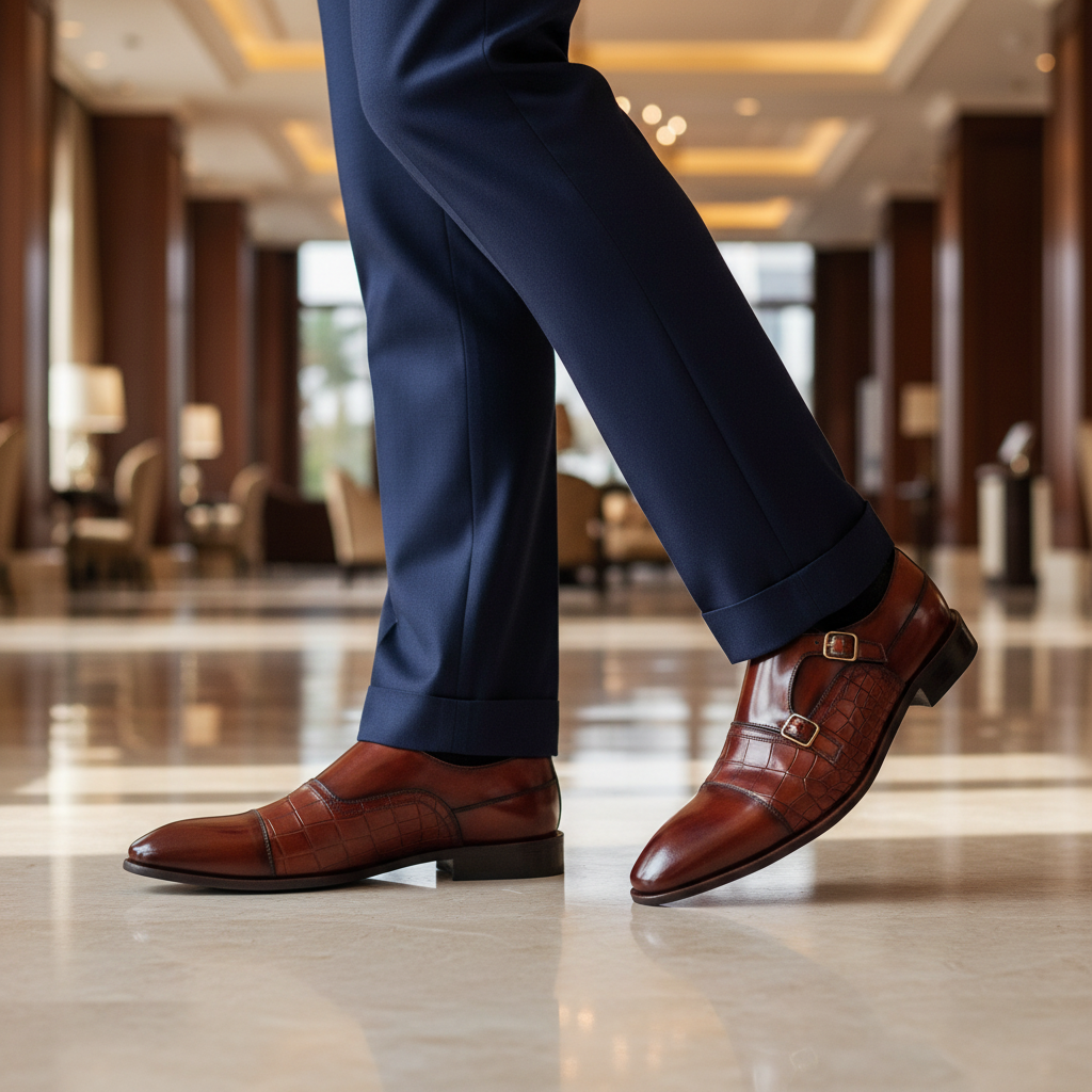 Handmade croc-embossed monk straps crafted from premium leather. Made-to-order luxury footwear with bespoke customization and worldwide shipping.