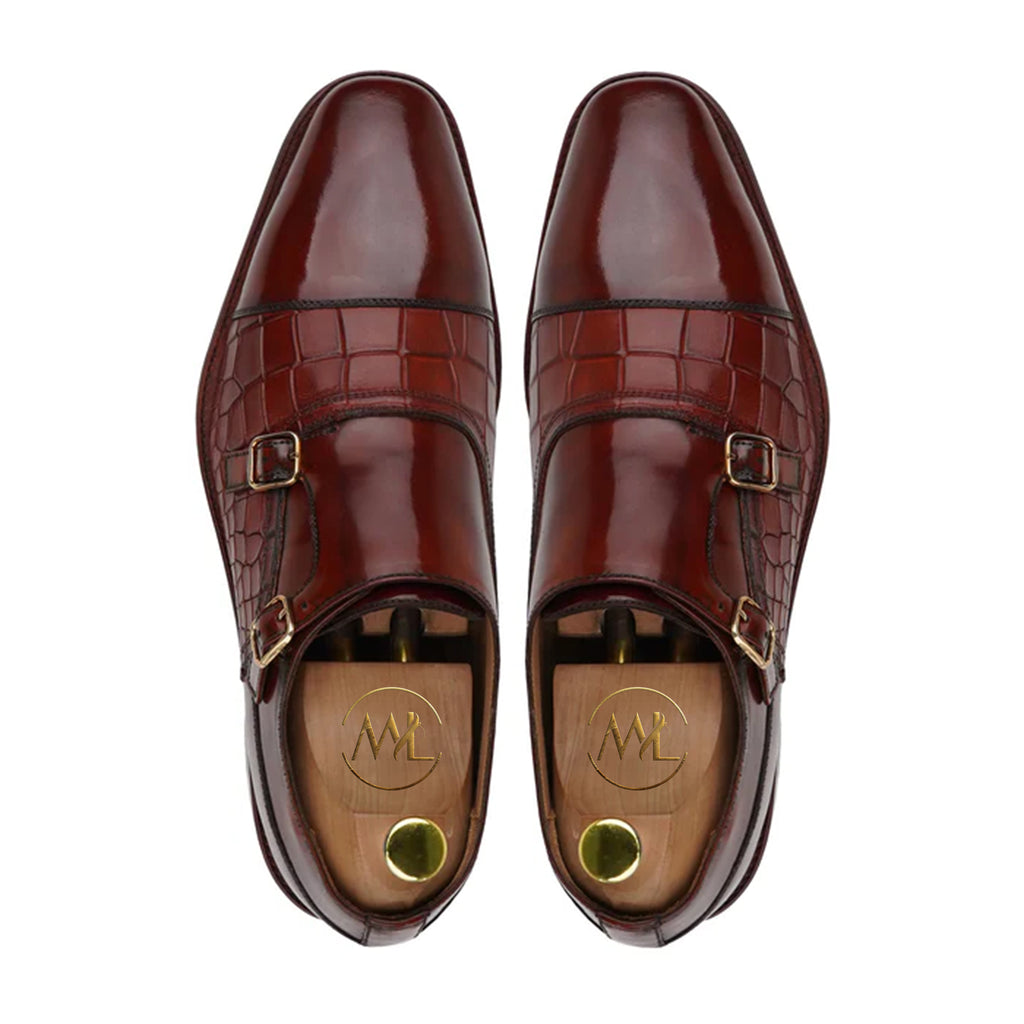 Maurice – Croc-Embossed Double Monk Strap Shoes top view with dual buckles
