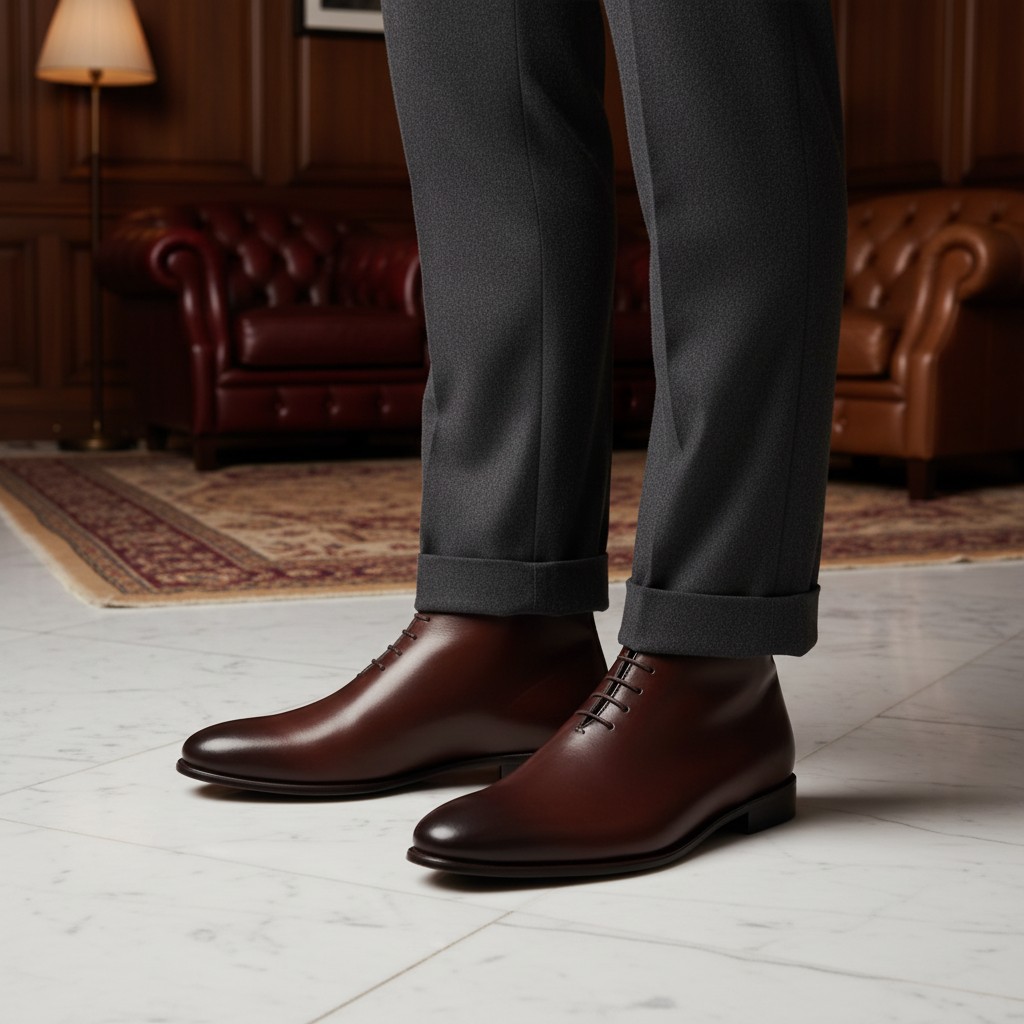 Luxury handmade brown leather dress boots styled with tailored trousers in an elite old money setting