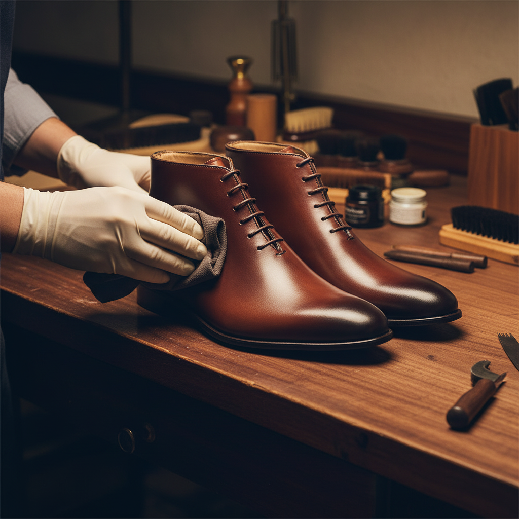 Skilled artisan applying premium wax and hand polishing luxury brown leather dress boots