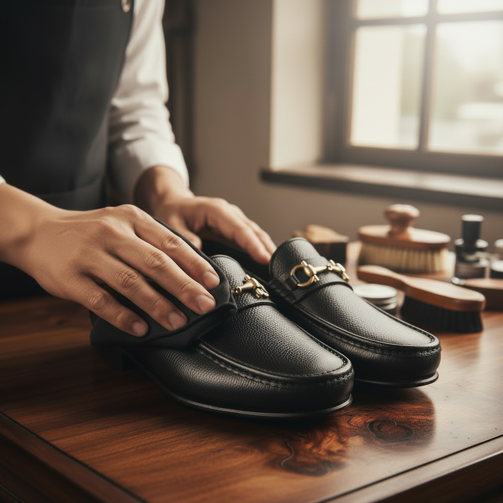 Skilled artisan applying premium polish and hand-finished patina to pebbled leather horsebit loafers