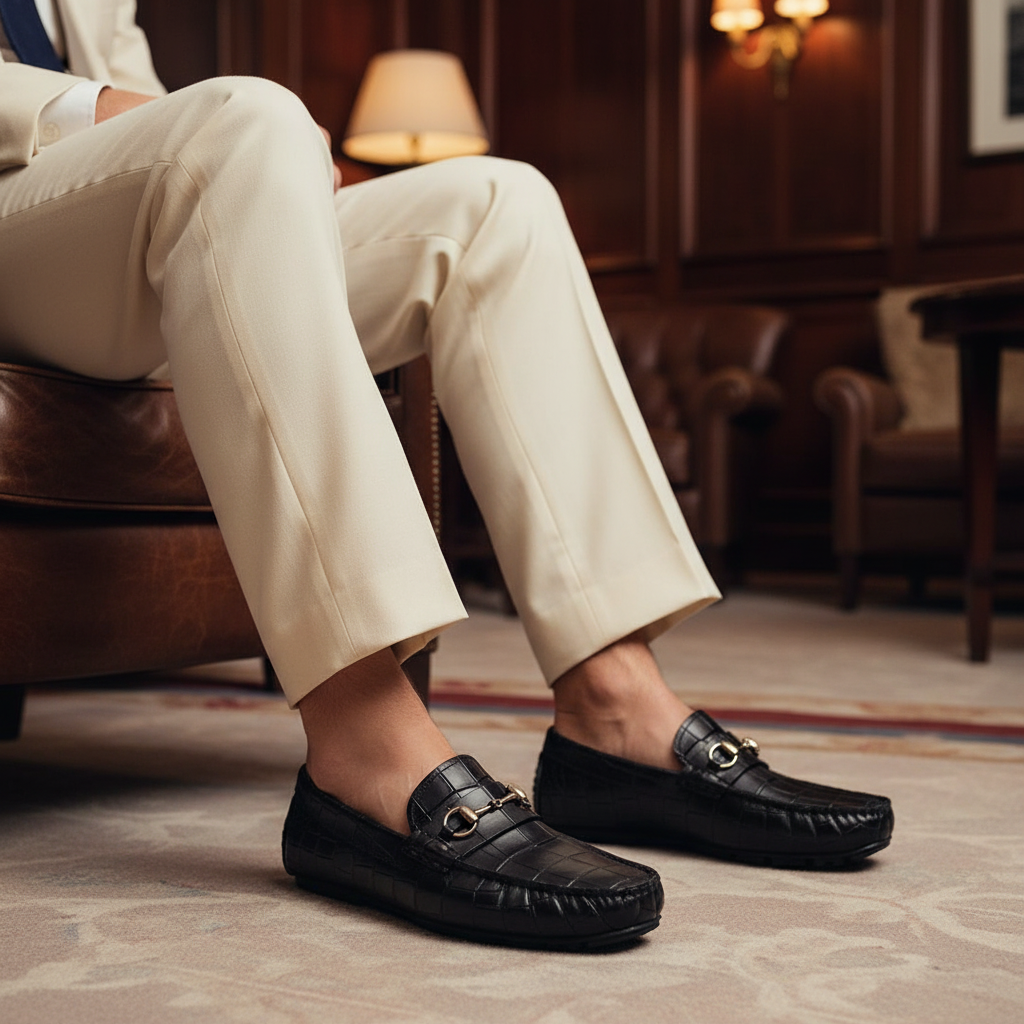 Luxury handmade crocodile embossed bit loafers styled with tailored trousers in an old money setting