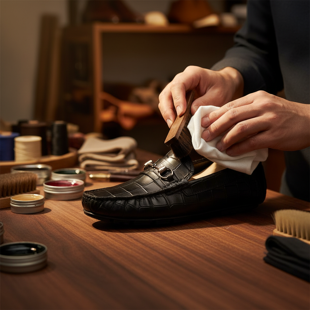Skilled artisan applying premium wax and hand polishing luxury crocodile embossed bit loafers