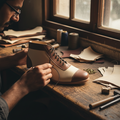 Skilled artisan stitching the upper of The Mayfair Heritage Boot using traditional handcrafted shoemaking techniques at Marvel Leather.