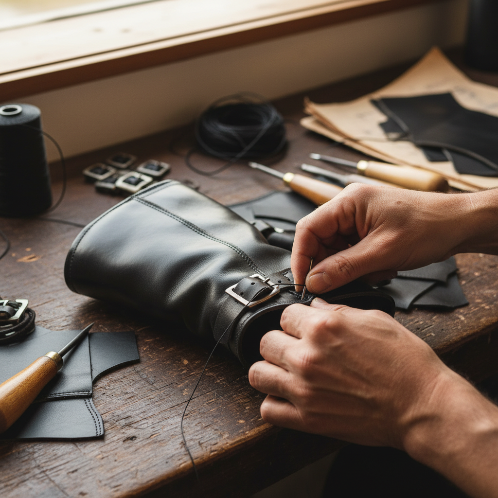Skilled artisan stitching the upper of The Monarch Engineer Boot using traditional handcrafted shoemaking techniques at Marvel Leather.