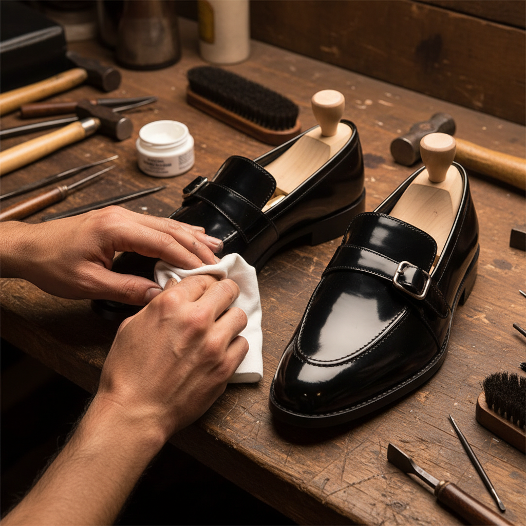 Artisan hand polishing the Nikolai Patent Buckle Leather Loafers during the final finishing process at Marvel Leather.