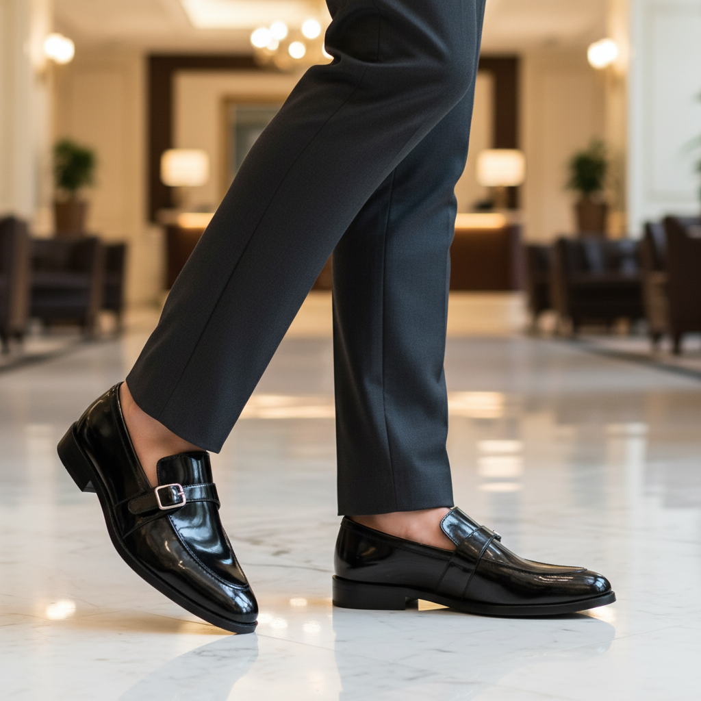 Luxury lifestyle image featuring the Nikolai Patent Buckle Leather Loafers handcrafted by Marvel Leather and worn in an elegant upscale setting.