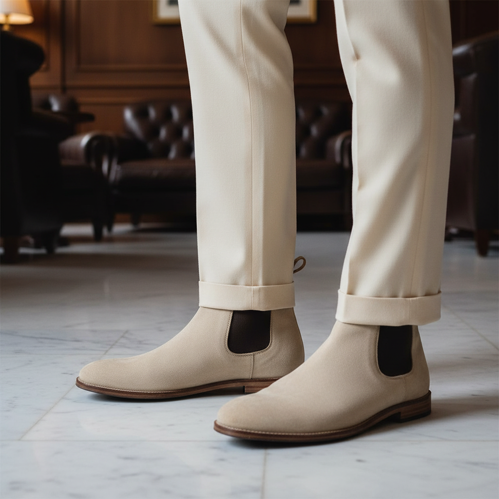 Luxury handmade sand suede Chelsea boots styled with tailored trousers in an elite old money setting