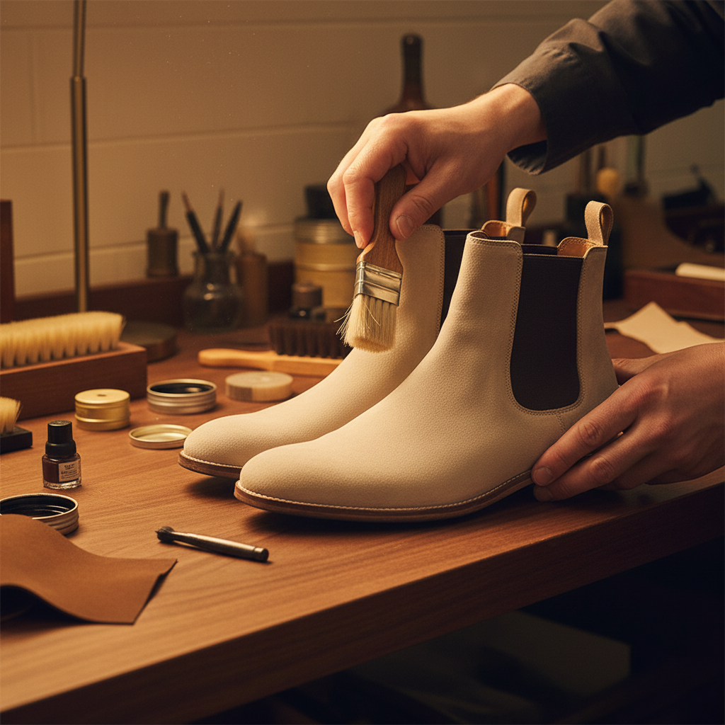 Skilled artisan applying premium finishing treatment to luxury sand suede Chelsea boots