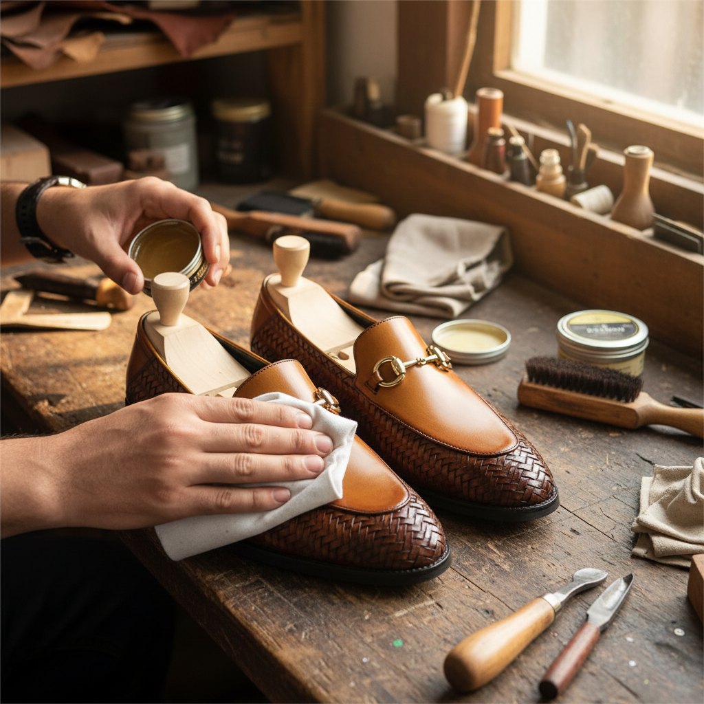 Artisan hand polishing the Otmar Woven Dual Tone Horsebit Loafers during the final finishing process at Marvel Leather.