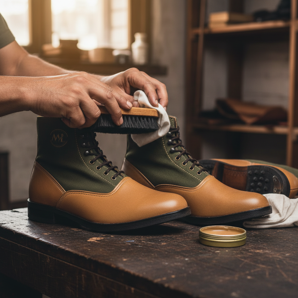 Artisan hand polishing The Outrider Bespoke Ankle Boot with premium wax during the final finishing process at Marvel Leather.