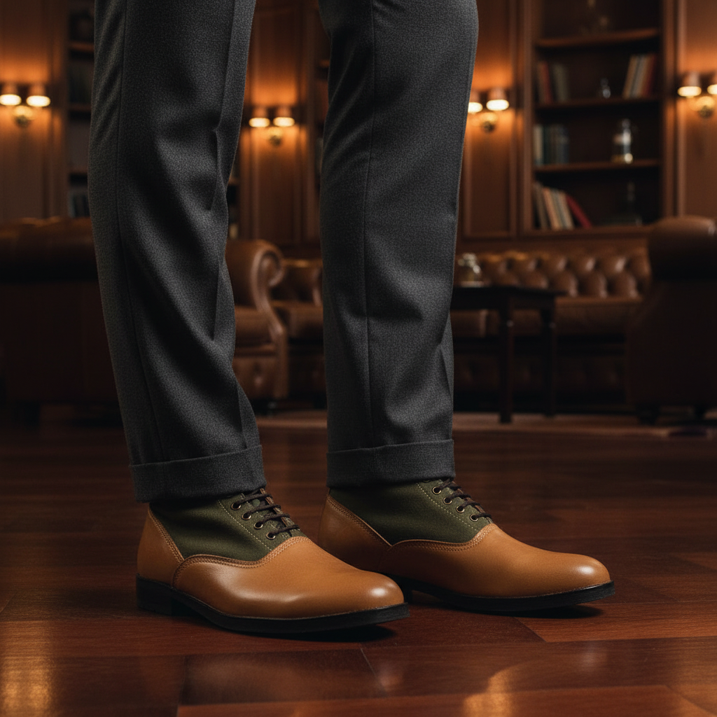 Luxury handmade leather ankle boots for men styled with tailored trousers in an elite old money setting