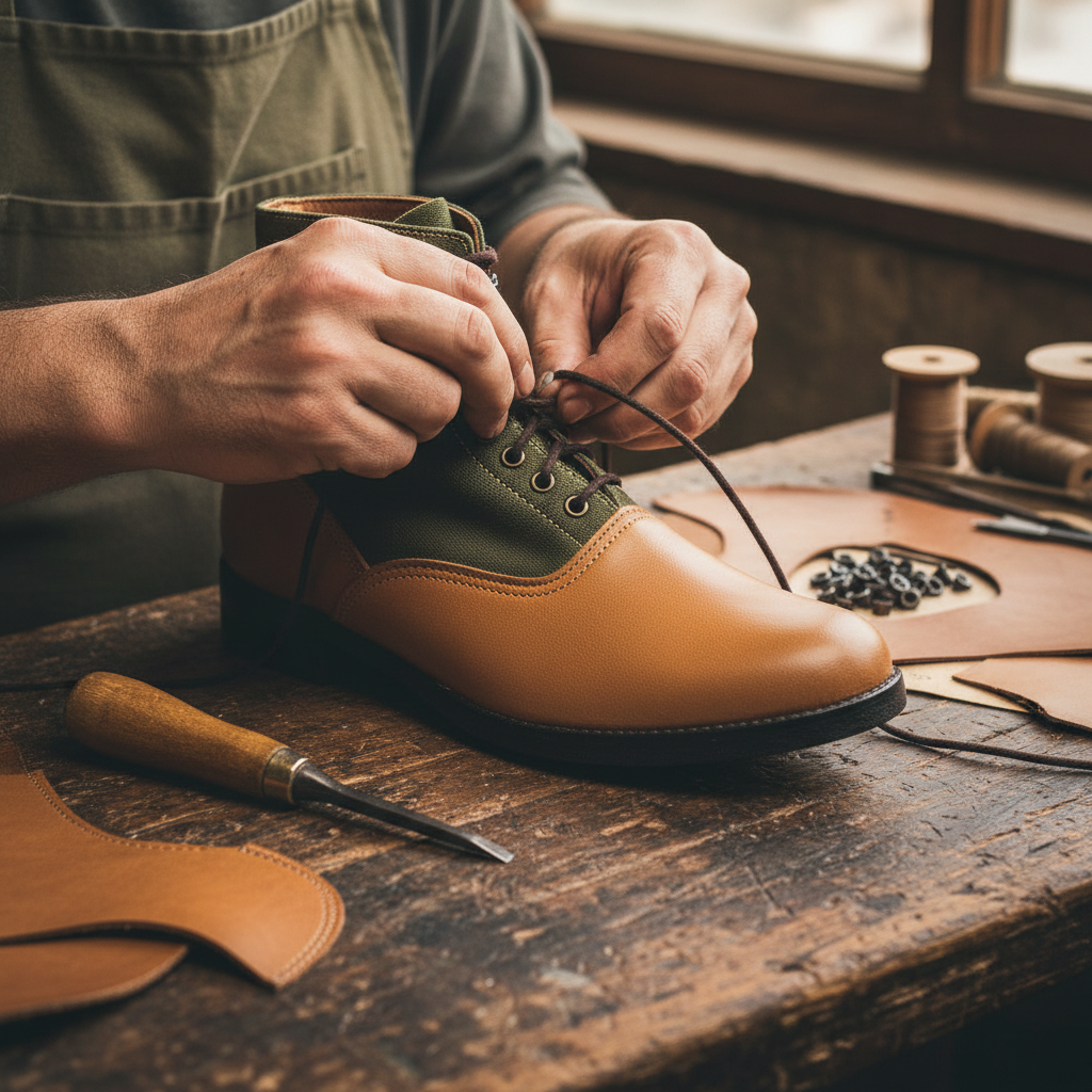 Skilled artisan stitching the upper of The Outrider Bespoke Ankle Boot using traditional handcrafted shoemaking techniques at Marvel Leather.