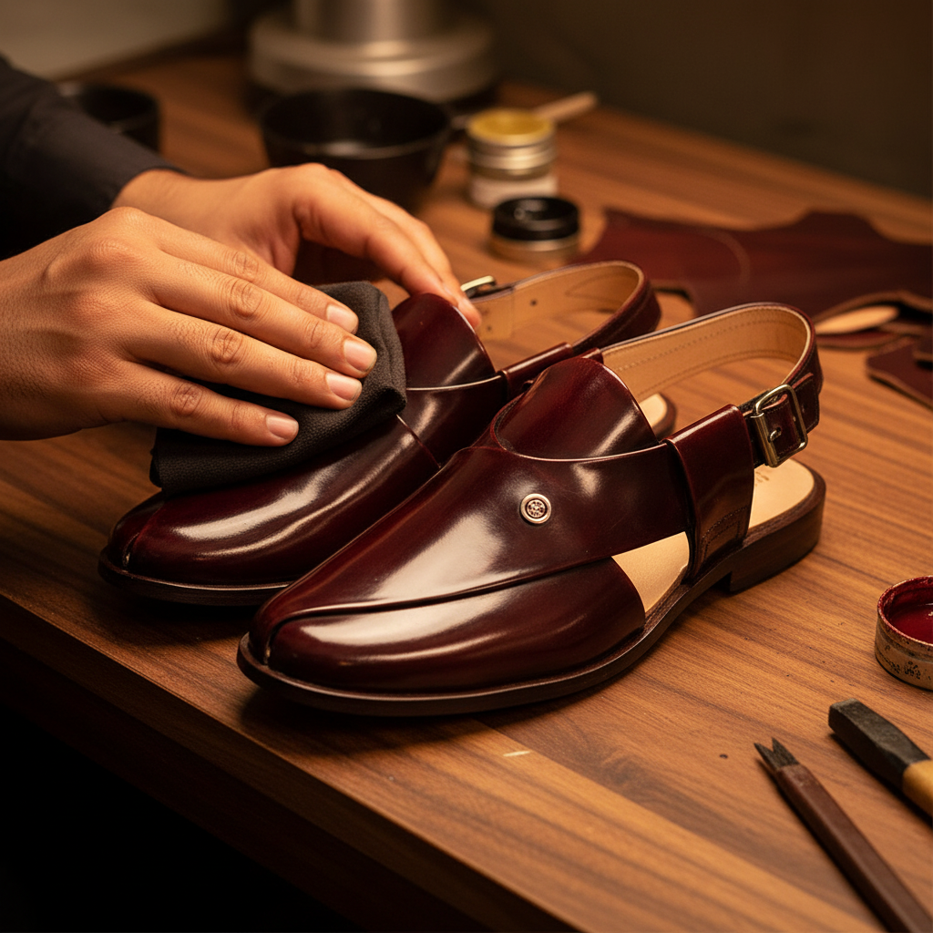 Skilled artisan applying premium wax and hand polishing to luxury maroon glossy leather Peshawari chappal