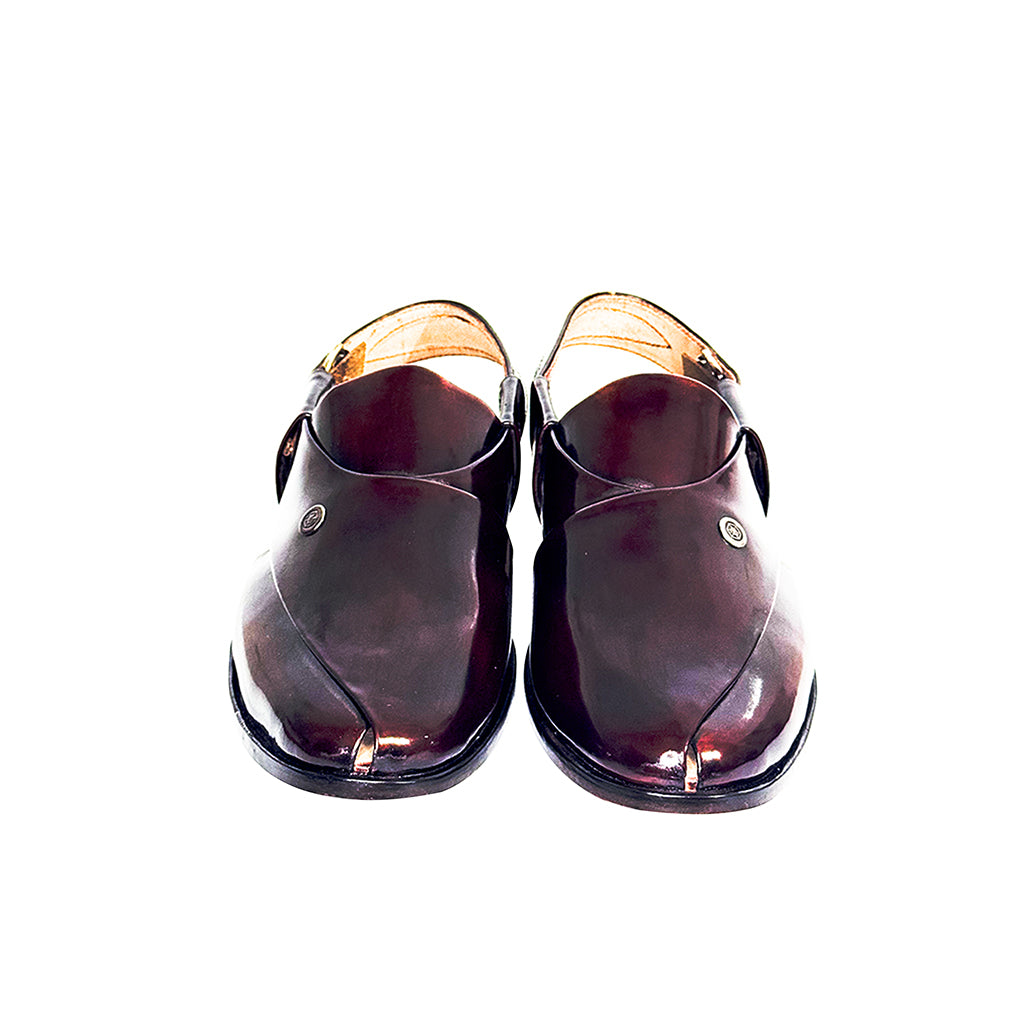 Pola handmade maroon glossy Peshawari chappal front profile – men’s traditional footwear