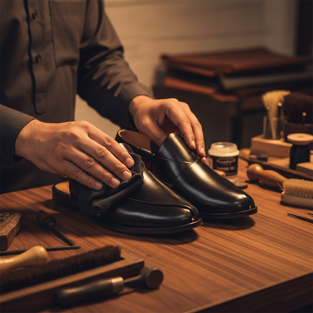 Skilled artisan applying premium wax and hand polishing to luxury glossy black leather Peshawari chappal