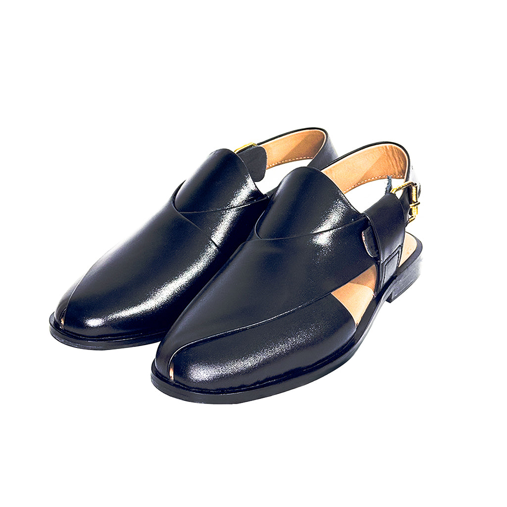 Rayyan traditional black leather Peshawari chappals – elegant split toe front view