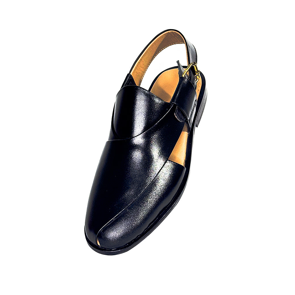Rayyan glossy black Peshawari chappal top profile – handmade leather with buckle