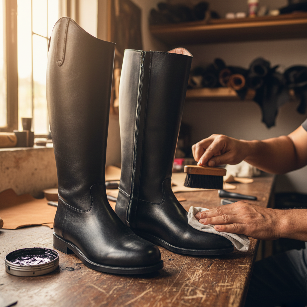 Artisan hand polishing The Regent Long Riding Boot with premium wax during the final finishing process at Marvel Leather.
