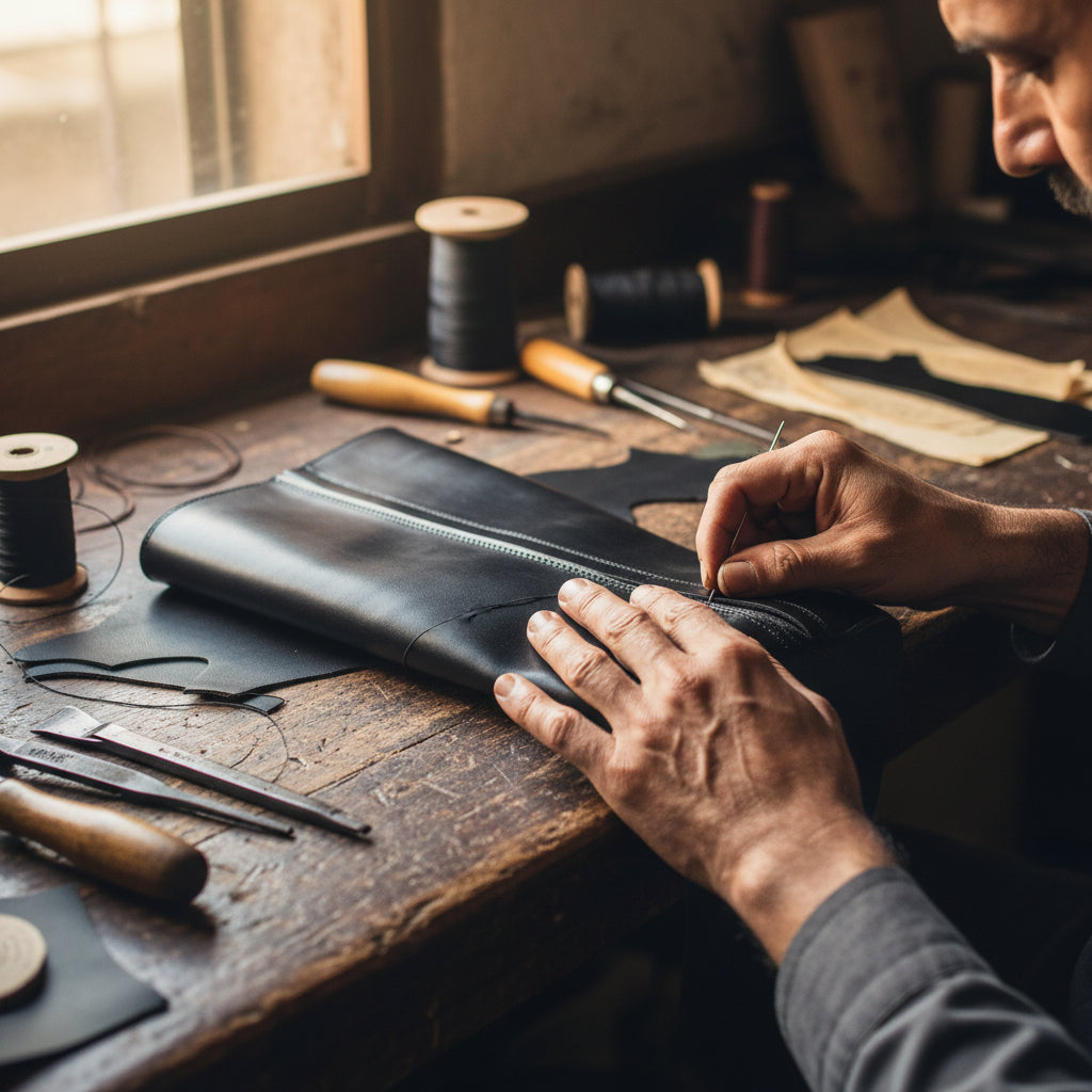Skilled artisan stitching the upper of The Regent Long Riding Boot using traditional handcrafted shoemaking techniques at Marvel Leather.