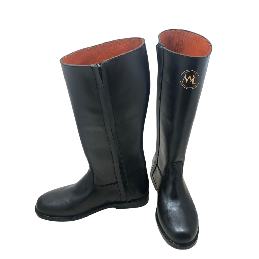 The Regent Long Riding Boot handcrafted from premium black full-grain leather featuring made-to-order luxury craftsmanship by Marvel Leather.