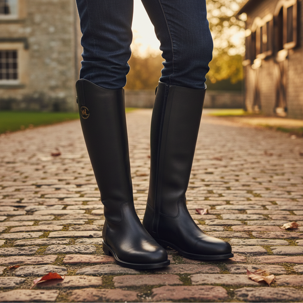 Luxury handmade Regent riding long boots worn outdoors in an elite equestrian old money setting