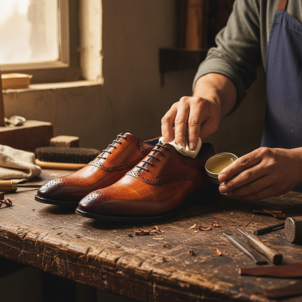 Artisan hand polishing the Rembrandt Burnished Oxford Brogue Shoes with premium wax during the final finishing process at Marvel Leather.